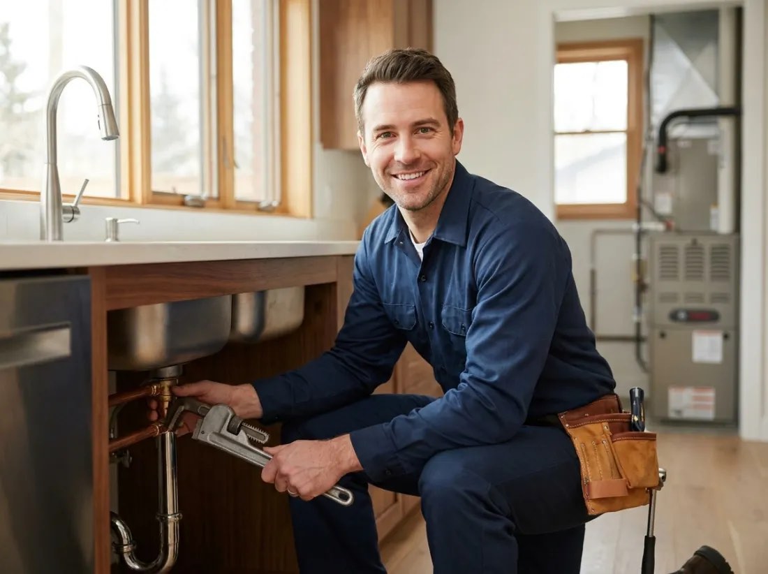 Proven Plumbing and Heating technician working under a kitchen sink in an Edmonton home